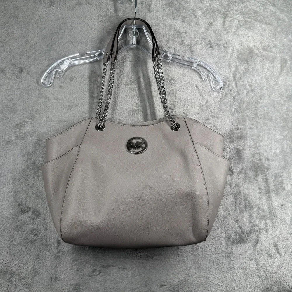 Michael Kors Jet Set Medium Chain Shoulder Tote Bag Gray Silver Metallic Classic